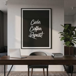 Code Coffee Repeat Poster | Coding Life Quote | Tech Cyber Wall Art Printable | Funny Tech Print