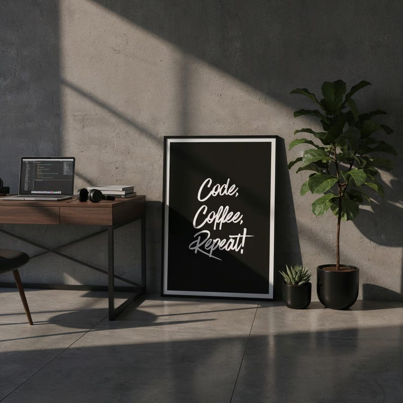 Code Coffee Repeat Poster | Coding Life Quote | Tech Cyber Wall Art Printable | Funny Tech Print