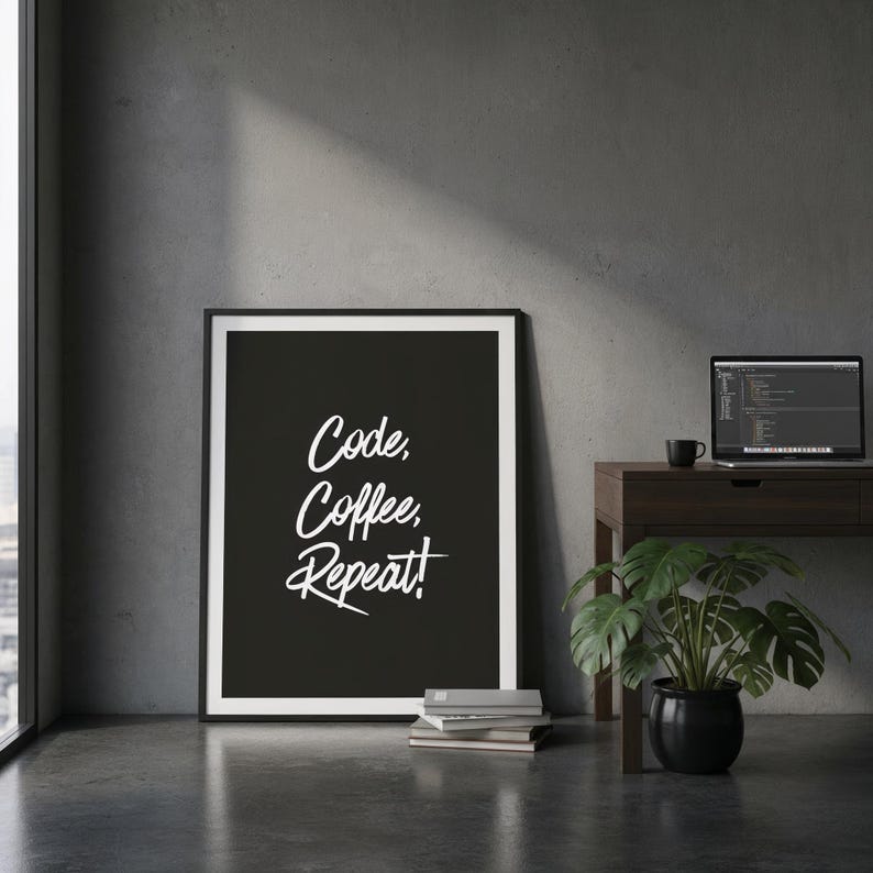 Code Coffee Repeat Poster | Coding Life Quote | Tech Cyber Wall Art Printable | Funny Tech Print