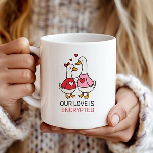 May include: White ceramic mug featuring a cartoon illustration of two geese in sweaters, with hearts above them. The text "OUR LOVE IS ENCRYPTED" is printed below the geese. The mug is held by a person.