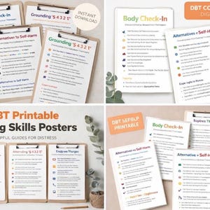 May include: A selection of DBT printable coping skills posters on clipboards. The posters feature titles such as "Body Check-In", "Grounding", and "Alternatives to Self-Harm". The image also includes the text "DBT Printable Coping Skills Posters" and "Instant Download".