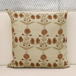 Hand Block Print Linen Pillow Cover, Handmade Natural Linen Cushion Cover, Artisan Farmhouse Home Decor