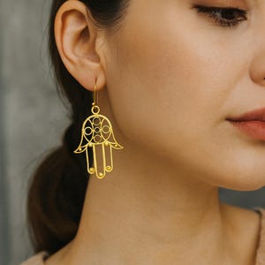 Gold Hamsa Hand Earrings, Boho Dangle Earrings, Handmade Brass Jewelry, Spiritual Protection Earrings, Festival Jewelry for Women