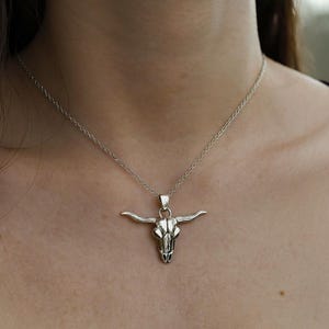 Western Longhorn Skull Necklace, Sterling Silver Bull Skull Pendant, Cowboy Rodeo Jewelry, Gothic Biker Necklace, Rustic Southwestern jewel