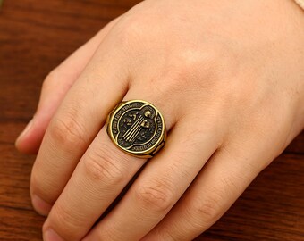 Bague Saint Benoît En Argent 925 - Médaille De Protection Avec Croix Ankh - Taille Ajustable Homme Femme - Cadeau Spiritualité