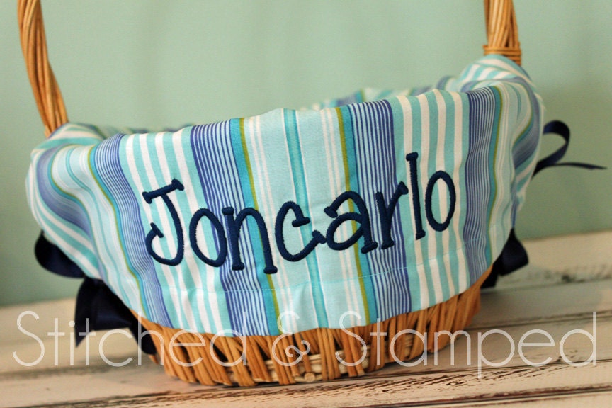 Personalized Easter Basket Liner // Shades of Blue Stripe Easter Bask…