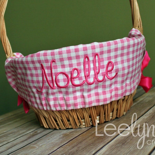 Personalized Easter Basket Liner Personalized with Name Light Pink Gingham Plaid 