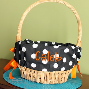 Girls Boys Personalized / Monogrammed Trick or Treat Bag Halloween Basket Liner - Black and White Polka Dots