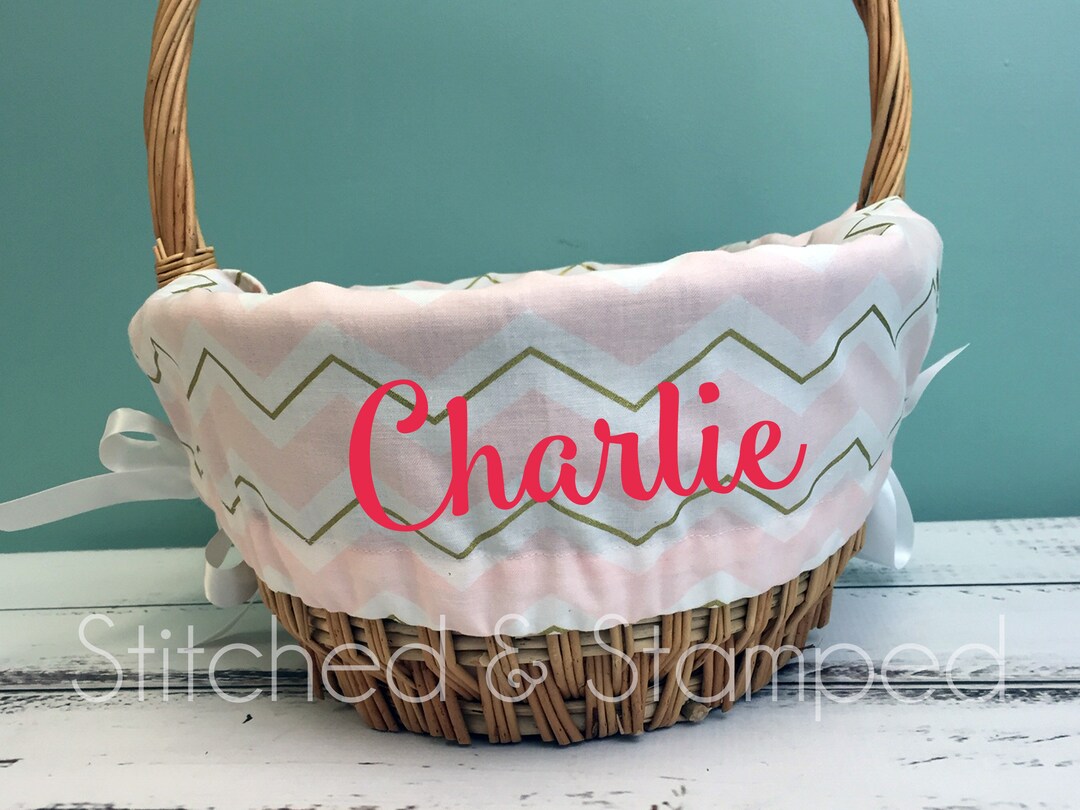 Personalized Easter Basket Liner // Light Coral Chevron Easter Basket
