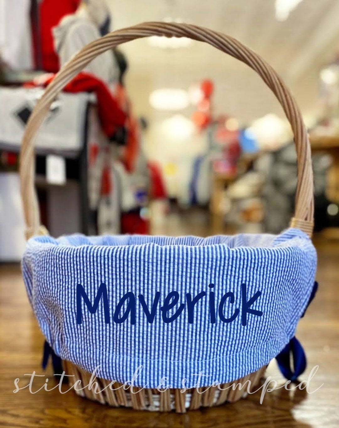 Personalized Easter Basket Liner // Navy Blue Seersucker // Includes