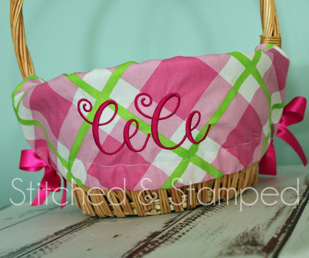 Personalized Easter Basket Liner // Bright Pink and Green Plaid Easter