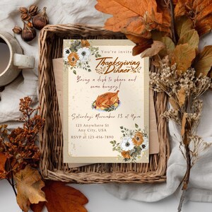 Floral Thanksgiving Dinner Invitation Template | Editable Canva Fall Party Invite | Autumn Friendsgiving Evite | Printable Potluck Invite