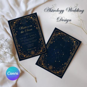 May include: Two navy blue wedding invitations with gold celestial designs. One invitation reads "Written in the Stars" with names and event details. The other features a constellation design. The phrase "Astrology Wedding Design" is written in cursive.