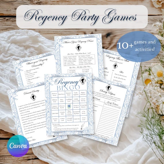 Regency Party Games Bundle | Printable Vintage Birthday, Tea Party, Bridal Shower Activites | Editable Canva Template | b10p