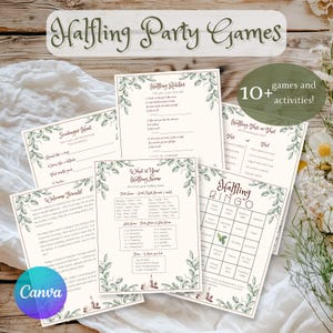 May include: A collection of printable "Halfling Party Games" on cream-colored paper, featuring various activities like scavenger hunts and bingo. The design includes decorative floral borders and the text "Halfling Party Games".