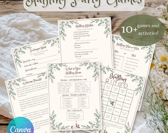 May include: A set of printable "Halfling Party Games" on cream paper, including games like scavenger hunts and bingo. The design features floral borders and the text "Halfling Party Games". The image also includes the text "10+ games and activities!"