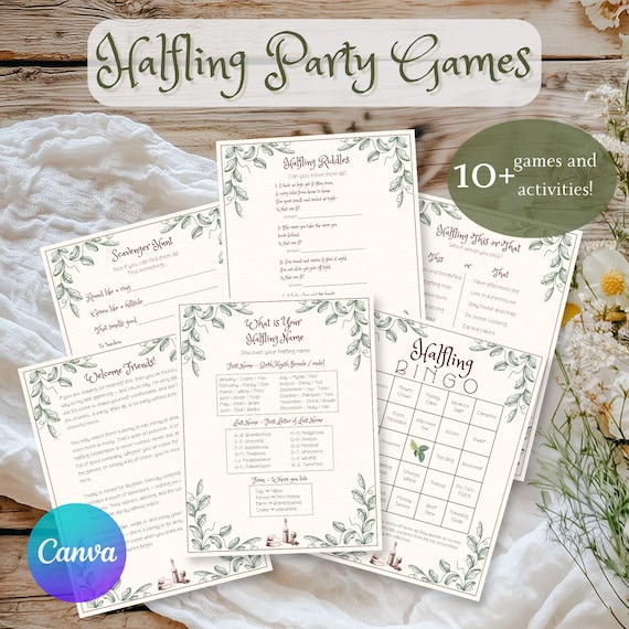 Halfling Fantasy Party Games Bundle | Cozy Woodland Activities | 10+ Printable Games Pack | Editable Canva Template | h10p