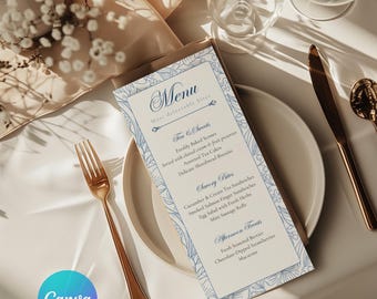 Blue Floral Regency Menu | Elegant Vintage Garden Tea Party | Editable Canva Template | b10p