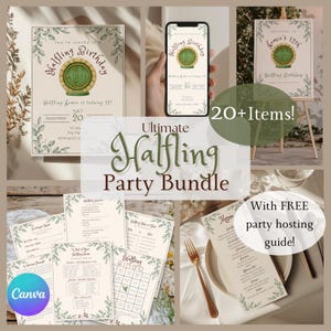 Halfling Birthday Party Bundle | Printable Woodland Fantasy Decorations | Invitation Decor & Games | 20+ Editable Canva Templates | h10p