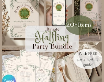 Kit per la festa di compleanno a tema Halfling / Decorazioni fantasy boschive stampabili / Decorazioni e giochi per inviti / Oltre 20 modelli Canva modificabili / h10p