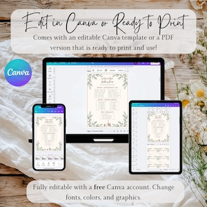May include: A digital design displayed on a laptop, tablet, and smartphone. The screens show a wedding-themed template with floral accents. The Canva logo is visible, along with text: "Edit in Canva or Ready to Print". The design is fully editable.
