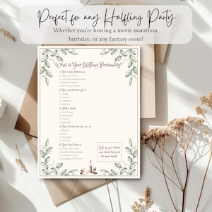 May include: A cream-colored party game with the text "Perfect for any Halfling Party." The game includes questions about personality and a section to add up letters for results. Decorative floral elements frame the text.