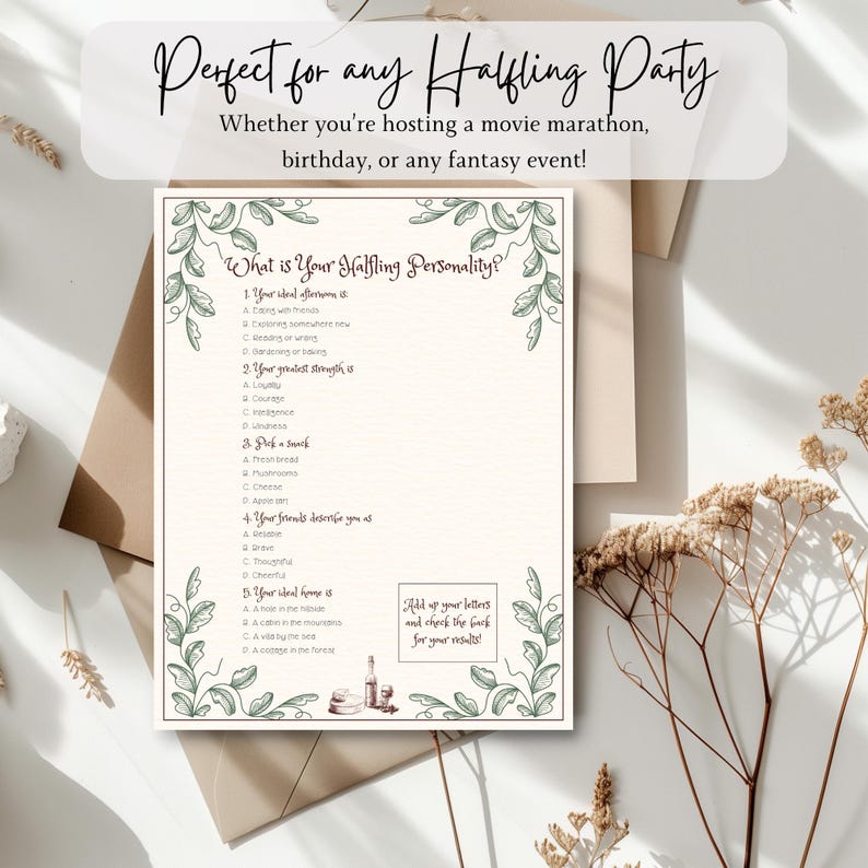 May include: A cream-colored party game with the text "Perfect for any Halfling Party." The game includes questions about personality and a section to add up letters for results. Decorative floral elements frame the text.