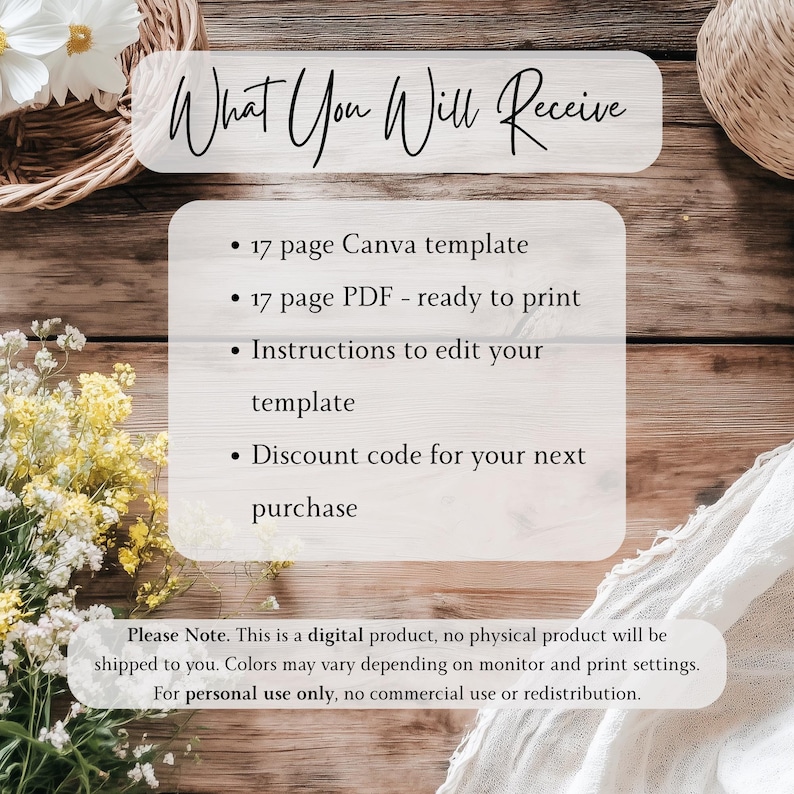 May include: A digital product image with text that reads "What You Will Receive." The image lists a 17-page Canva template, a 17-page PDF, instructions, and a discount code. The image is set against a wooden background with floral accents.