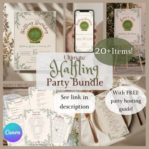 May include: An assortment of party supplies with a "Halfling Birthday" theme. Includes invitations, a phone display, a welcome sign, menus, and games. The bundle features green and gold accents, with the text "Ultimate Halfling Party Bundle".