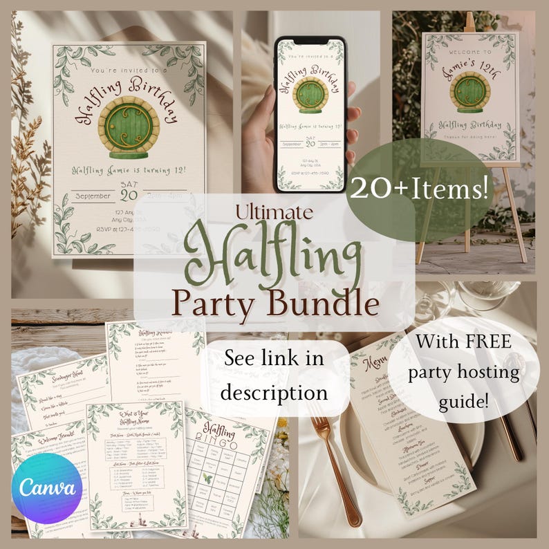 May include: An assortment of party supplies with a "Halfling Birthday" theme. Includes invitations, a phone display, a welcome sign, menus, and games. The bundle features green and gold accents, with the text "Ultimate Halfling Party Bundle".