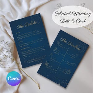 May include: Two navy blue wedding details cards with gold text. One card reads "The Details" with venue, attire, and accommodation information. The other card reads "The Timeline" with ceremony and reception times. The cards are decorated with celestial designs.