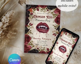 May include: A printed invitation and a smartphone displaying a matching design. The invitation features a red lip design with fangs, surrounded by flowers, and the text "Crimson Kiss Valentines Party". The phone shows the same design.