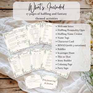 May include: A collection of printable halfling and fantasy-themed party activities. The image shows various pages with text and decorative floral elements. Includes a welcome letter, quizzes, name tags, riddles, scavenger hunt, and more. The text reads "What's Included".