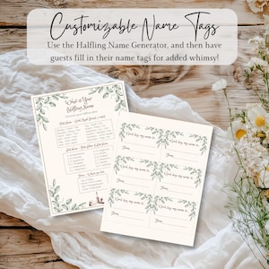 May include: Two cream-colored paper sheets with green botanical illustrations. One sheet lists months, letters, and places. The other sheet has name tag templates with the text "Good day my name is..." and "From:" at the bottom.
