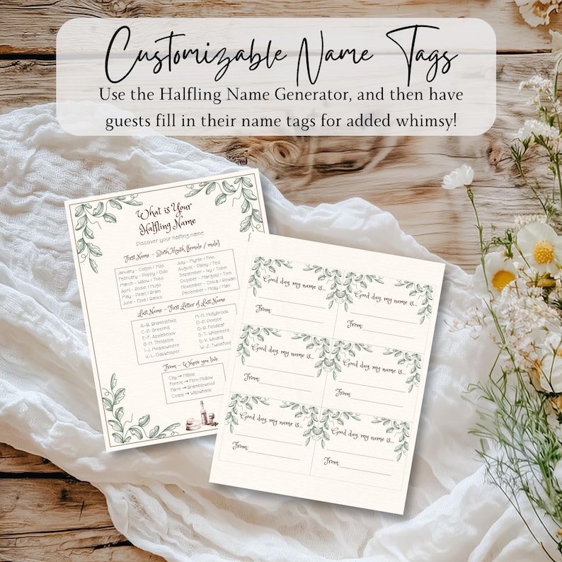 May include: Two cream-colored paper sheets with green botanical illustrations. One sheet lists months, letters, and places. The other sheet has name tag templates with the text "Good day my name is..." and "From:" at the bottom.