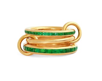 18k Gold Filled Two Emerald Baguette Eternity band With Plain Ring Multi Link. Two Connector Band For Women, SPINELLI KILCOLLIN Stacks band