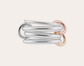 Anillo de plata maciza con cuatro bandas entrelazadas bañadas en oro, banda SPINELLI KILCOLLIN, banda entrelazada hecha a mano, bandas llamativas