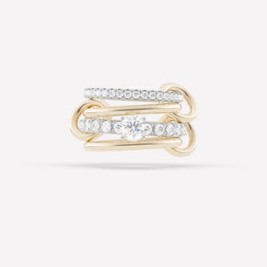 May include: A gold ring with multiple bands, featuring a central diamond and smaller diamonds set in rows. The bands are interlocked, creating a unique and elegant design. The ring is set against a white background.