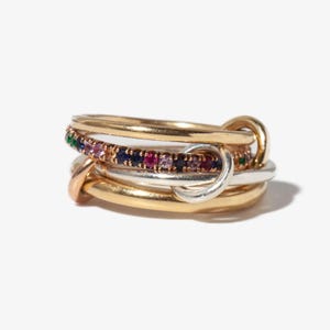 14k Gold Multi Sapphire CZ Eternity band With Two Color 3 Plain Ring Multi Connector Ring SPINELLI KILCOLLIN Multi Linked Band, Promise Ring