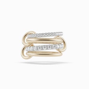May include: A gold-toned ring with multiple interlocking bands. Two bands are encrusted with small, clear gemstones. The ring has a modern design and is set against a white background. The ring is a piece of jewelry.