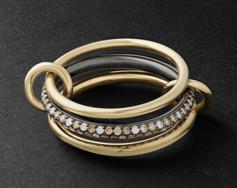 Weiß Braun Moissanit CZ Schwarz Rhodium Eternity Band mit vergoldetem schlichten Ring Massivsilberband, SPINELLI KILCOLLIN Band, Stapelband
