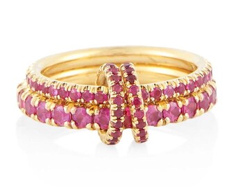 Rubin CZ Ewigkeit Zwei kleine Bandring, Rubin Stapelring. Hochzeit Statement Ring, Designer Spinelli Kilcollin Frauen Ring, Eternity Lock Band