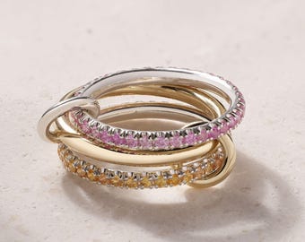 Anillo de eternidad completo con zafiro rosa y circonita cúbica, zafiro amarillo y circonita cúbica con un conector de banda lisa, anillo Spinelli Kilcollin, anillo de 3 bandas, anillo apilable