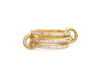 14k Gold Plated Three Moissanite Baguette Eternity Band, Multi Link Connector Ring