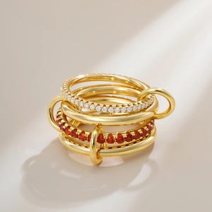 14k Gold Plated Four Band Garnet Moissanite Eternity Band Two Plain RIng Multi Link, SPINELLI KILCOLLIN Silver Stacking RIngs For Women Gift