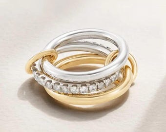 SPINELLI KILCOLLIN Band, White Moissanite With Two Plain Band Interlocking Connector Ring, Two Tone Band Ring, Silver Wedding Stacks Band