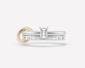 Anillo SPINELLI KILCOLLIN, anillo de eternidad con moissanita baguette chapado en oro de 18k con anillo solitario de talla esmeralda y anillo de eternidad con eslabones solitarios.