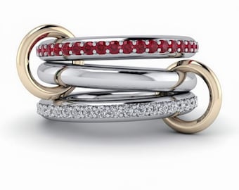 Anillo de eternidad multibanda con moissanita, rubí rojo y circonita cúbica, chapado en oro de 18k, SPINELLI KILCOLLIN, banda entrelazada, anillo llamativo, anillo de boda.