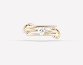Moissanite CZ Solitaire Bandring mit zwei einfachen Multi-Link-Band-Anschlussring, 14k vergoldeter Moissanite-Ring, Statement-Band mit drei Ringen