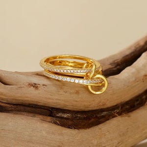 SPINELLI KILCOLLIN Ring, 14k Gold Plated 2 Moissanite Full ETernity Band With 2 Plain Ring Multi Link Connected, Solid Silver Trendy Bands